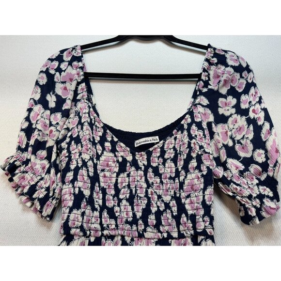 Abercrombie & Fitch Womens Floral Flowy Dress S Navy Pink White Elastic Waist Sm - Picture 7 of 16